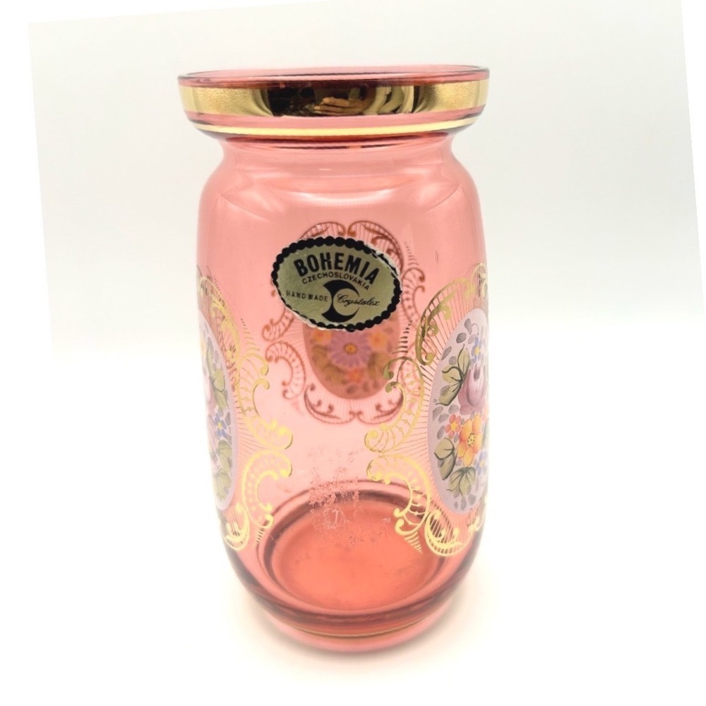 Vintage Bohemian Cranberry Glass Vase Hand Painted Enamel Gold Czech Crystalex